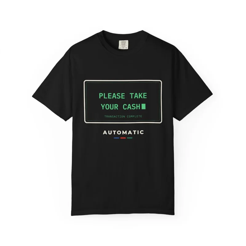 A black tee printed with an ATM screen that reads PLEASE TAKE YOUR CASH in green type.