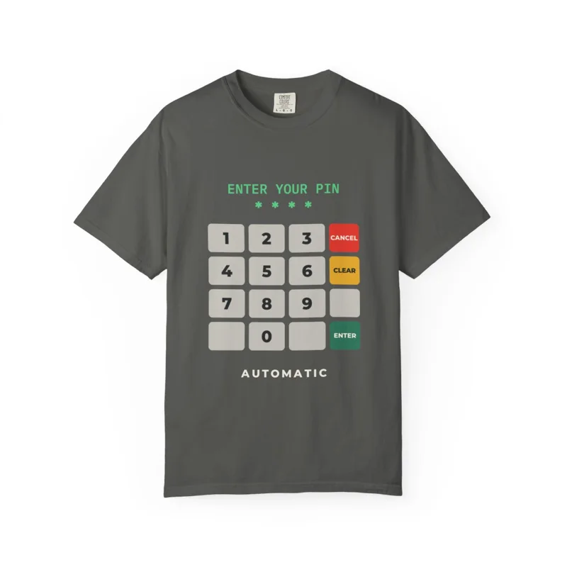 A pepper gray tee printed with an ATM keypad and the words ENTER YOUR PIN.