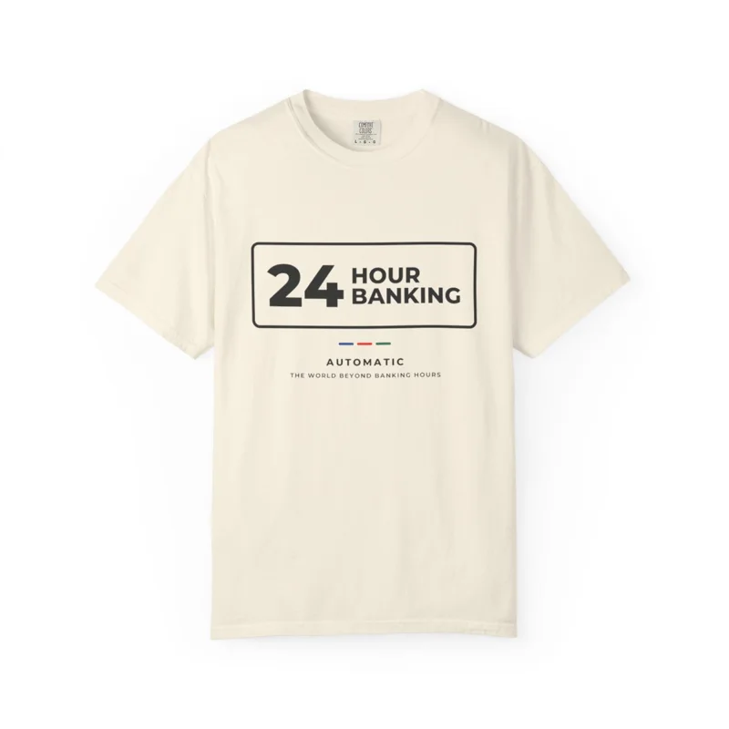 An ivory tee printed with a 24 HOUR BANKING sign in charcoal.